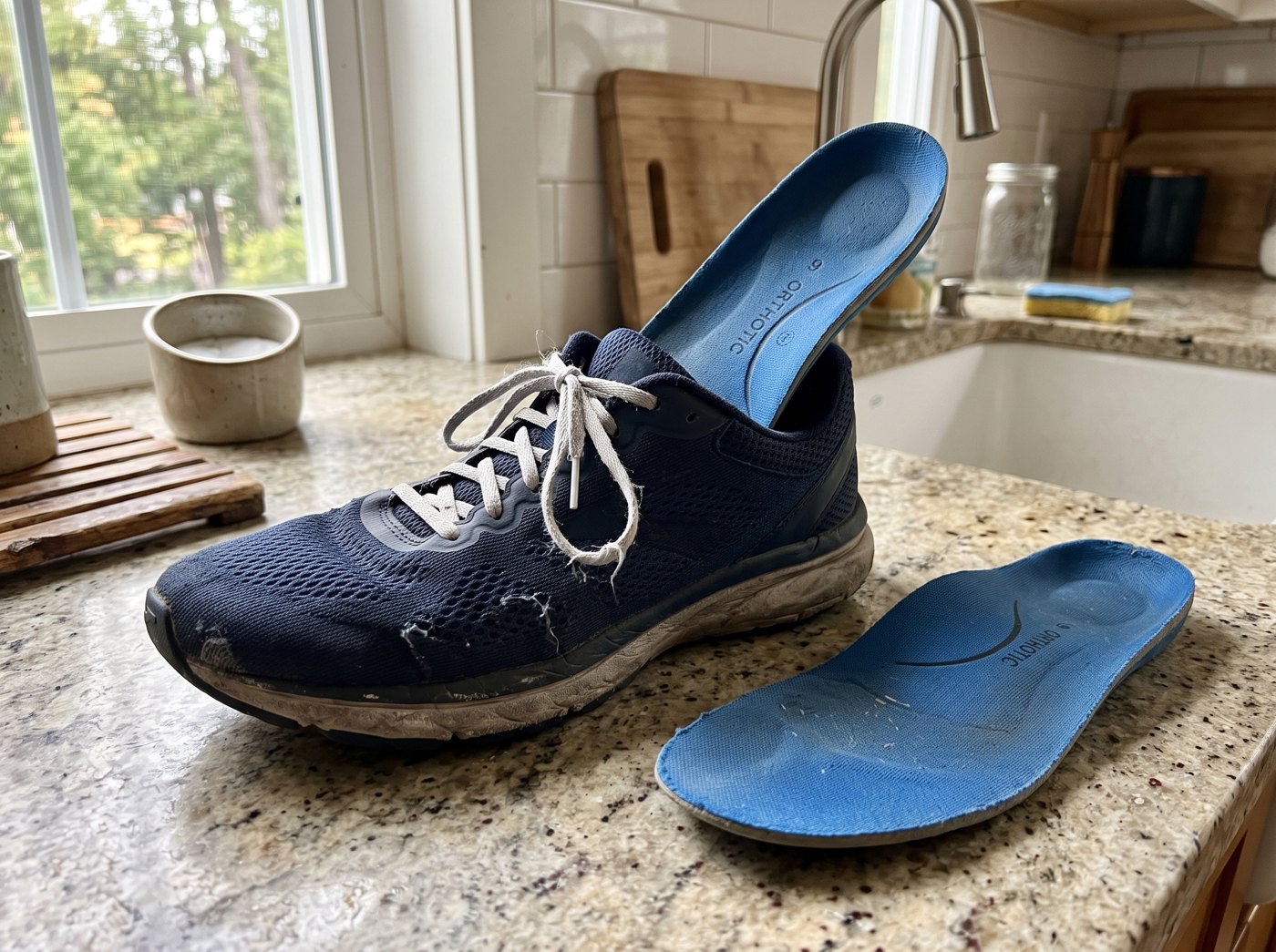 A worn sneaker with the insole pulled out