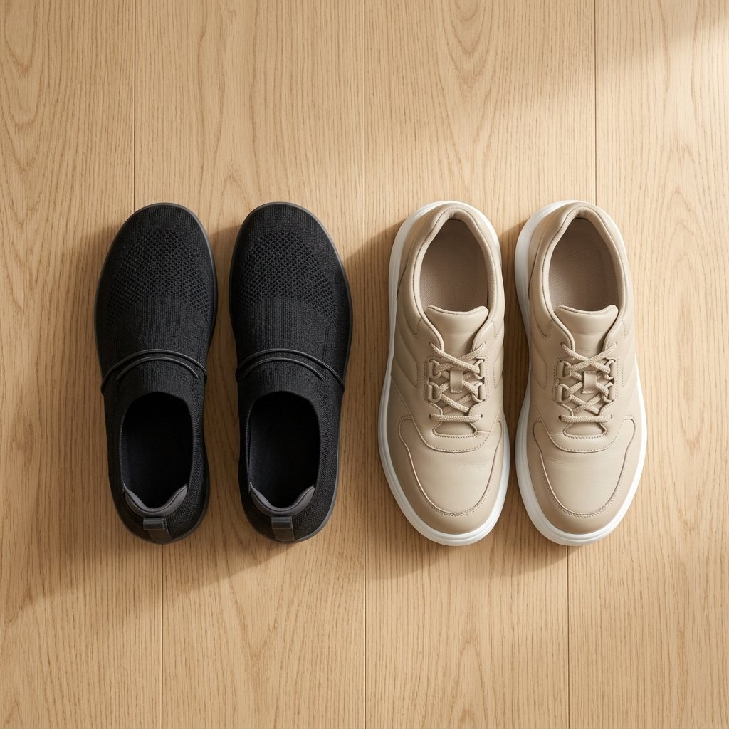 A black knit slip-on pair next to a bulky beige orthopedic pair on a wood floor, from above
