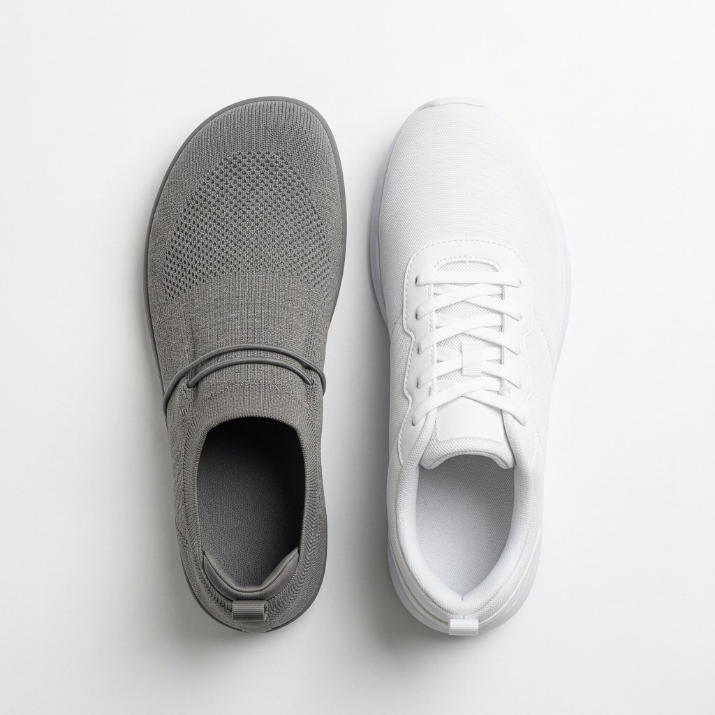 A foot-shaped knit shoe next to a tapered running shoe of the same length, seen from above