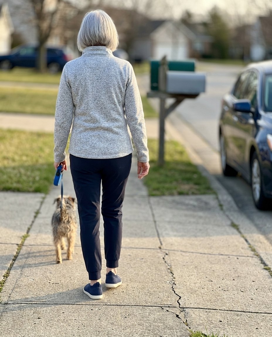 A woman walking a small dog along a suburban sidewalk in navy knit slip-ons