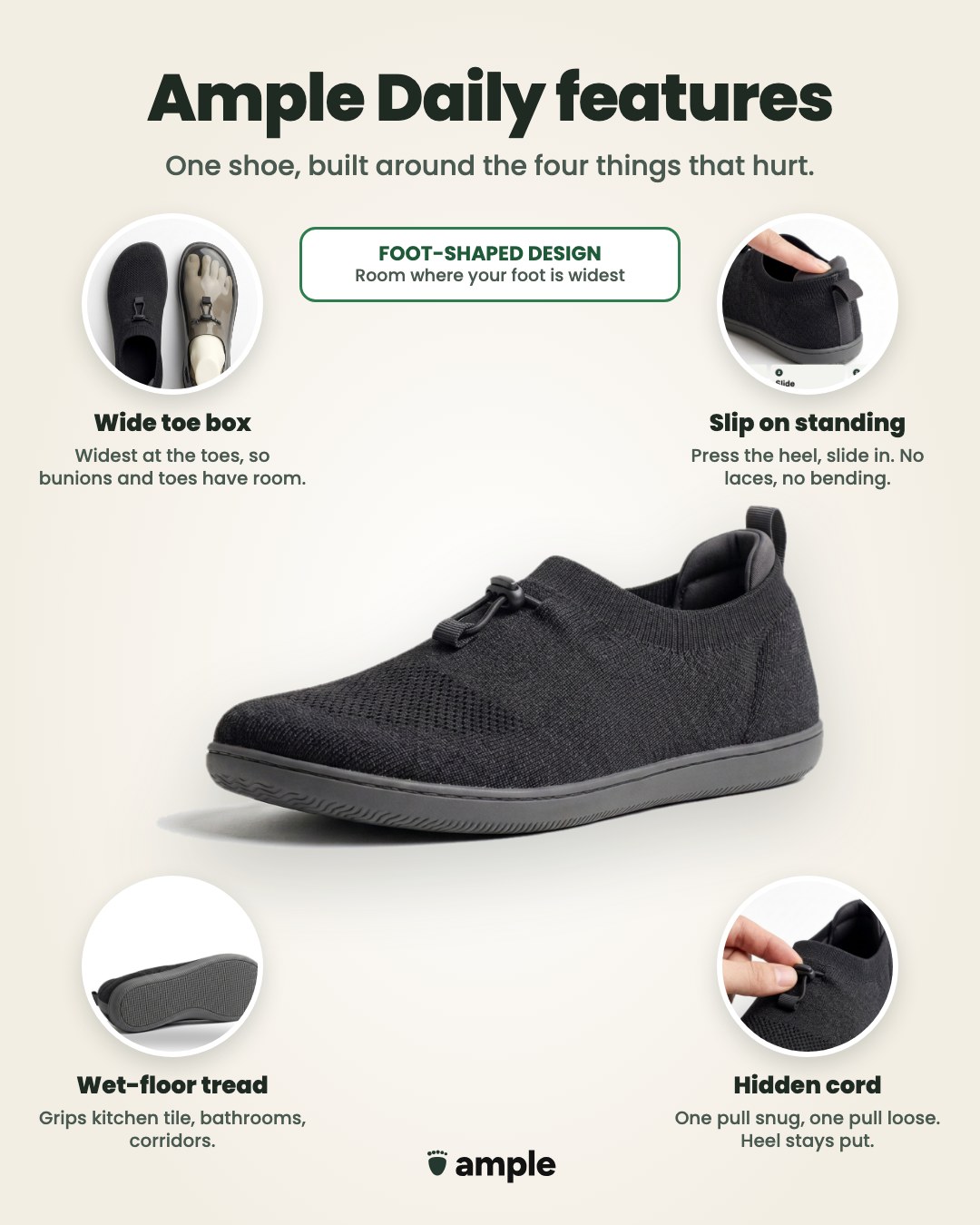 Ample Daily features: wide toe box, slip on standing, wet-floor tread, hidden cord
