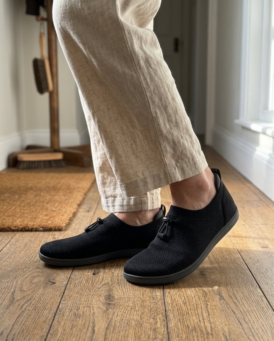 Close-up of a foot stepping into a black knit slip-on without hands